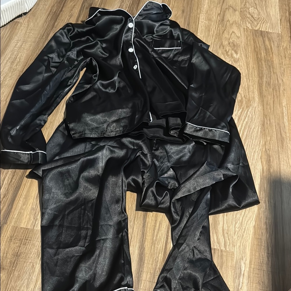 Black Satin Pajama Set with White Trim